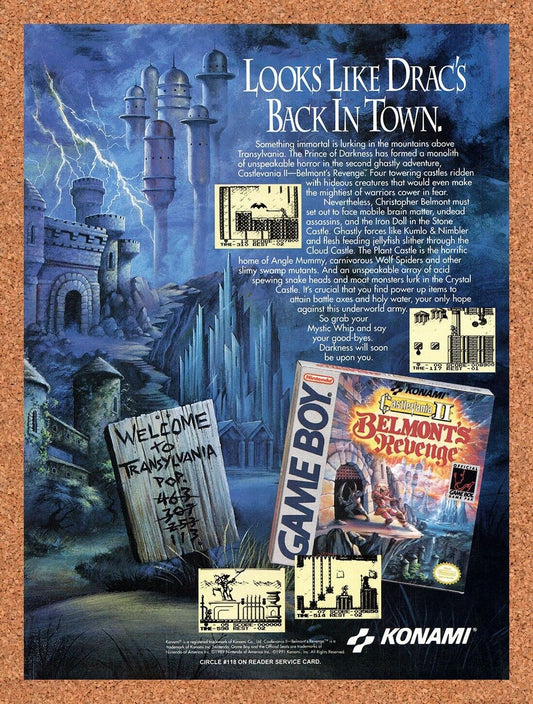 1990 Castlevania II Belmont's Revenge Game Boy Original Ad / Retro Wall Art v1
