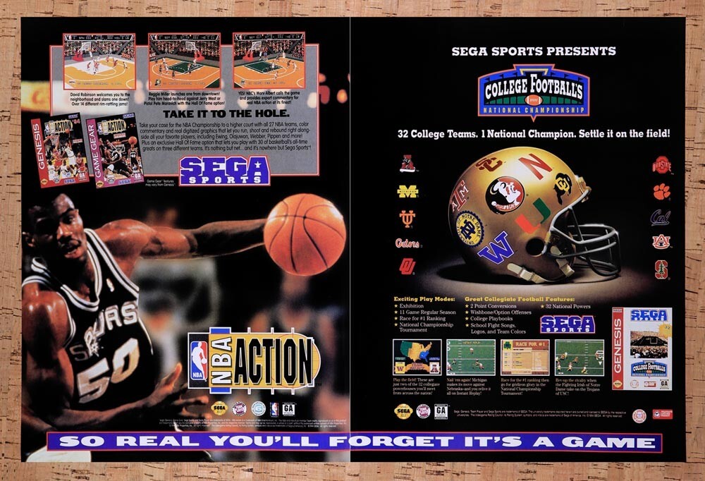 1995 Sega Sports NBA Action & College Football. Ad Original Ad / Wall Art v1