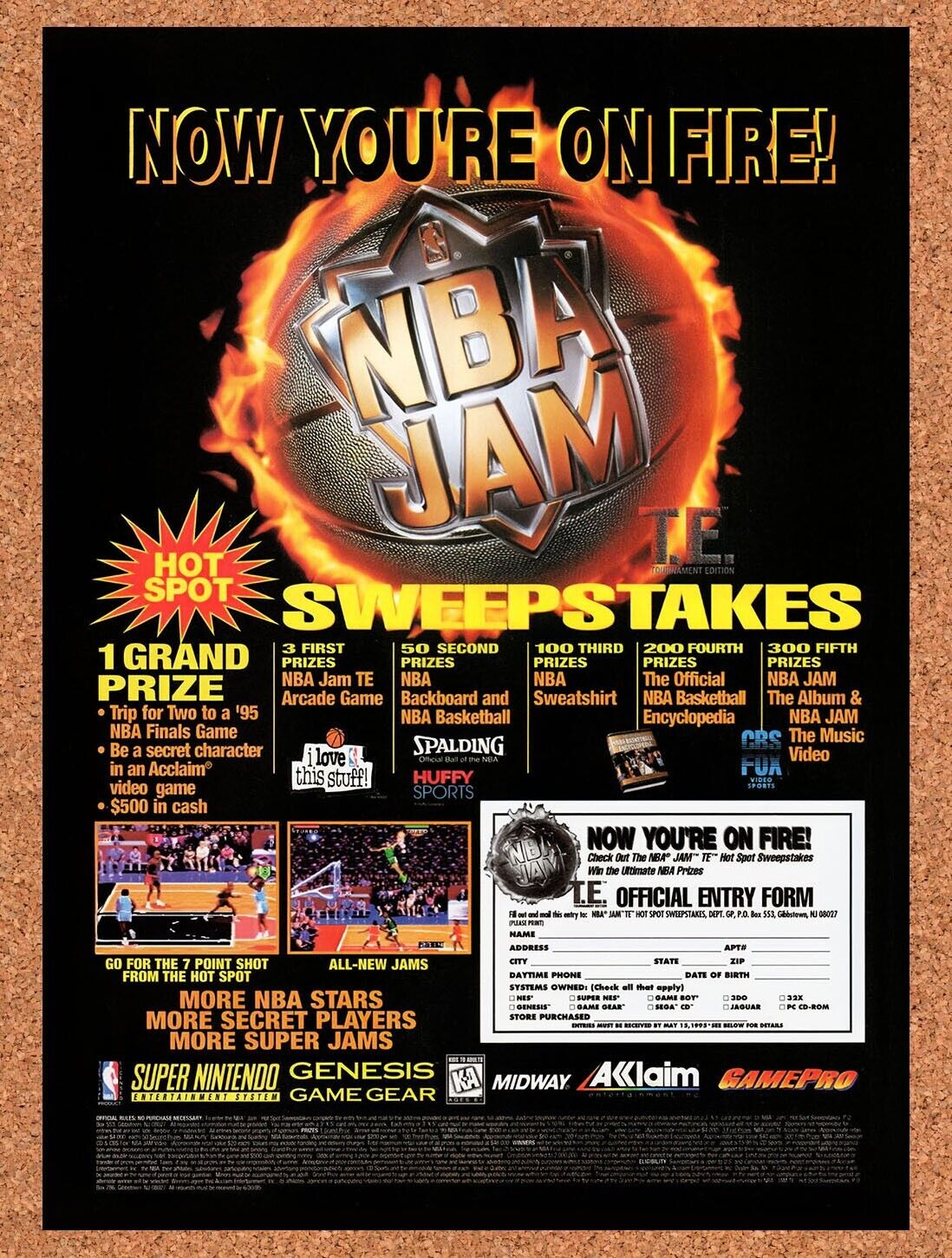 1995 NBA Jam TE Sweepstakes Original Advertisement / Retro Wall Art v5