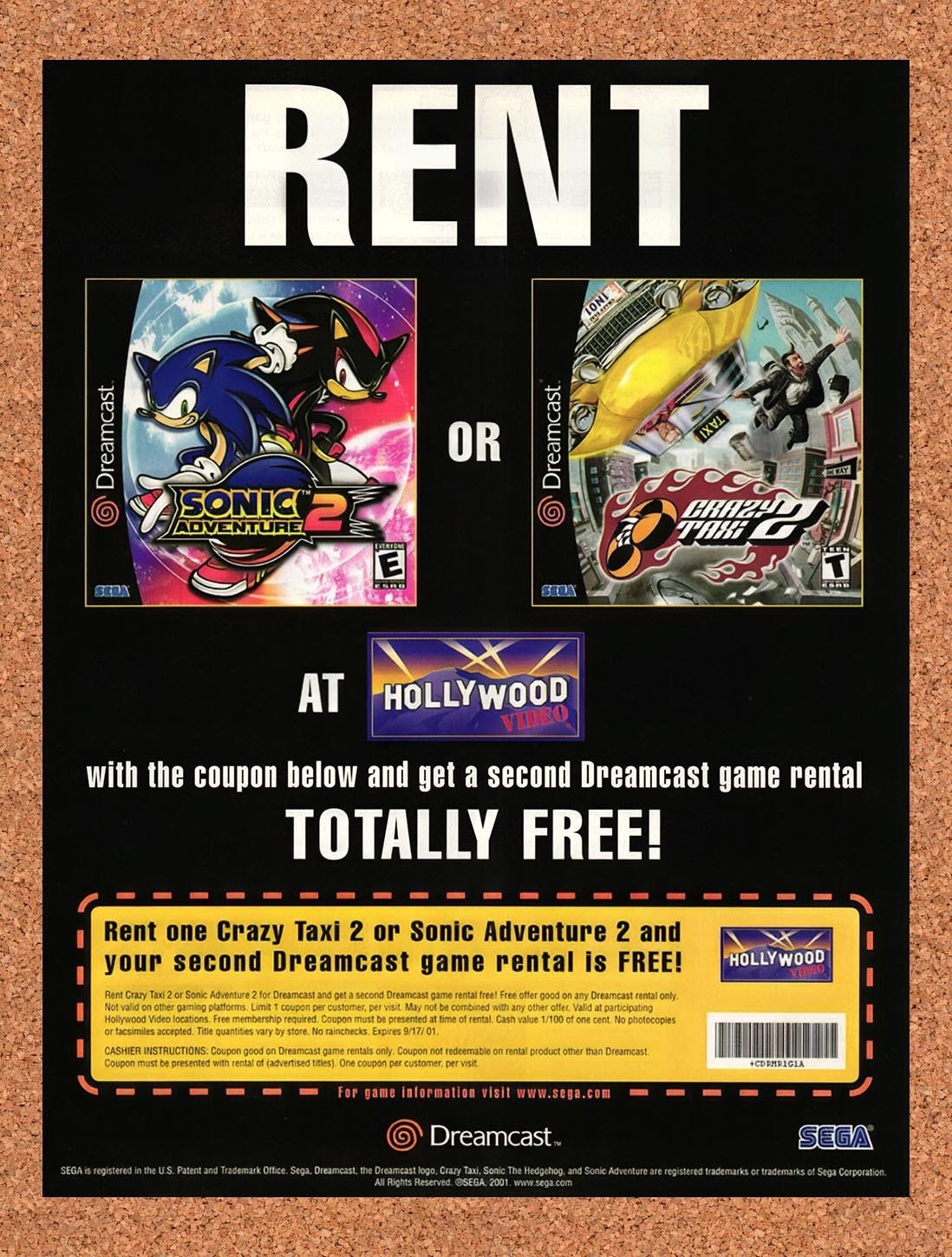 2001 Hollywood Video Dreamcast Rental Coupon Original Advertisement / Promo v2