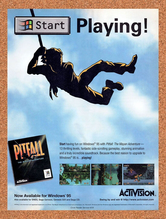 Pitfall PC Original 1994 Vintage Ad - Windows Start Video Game Promo