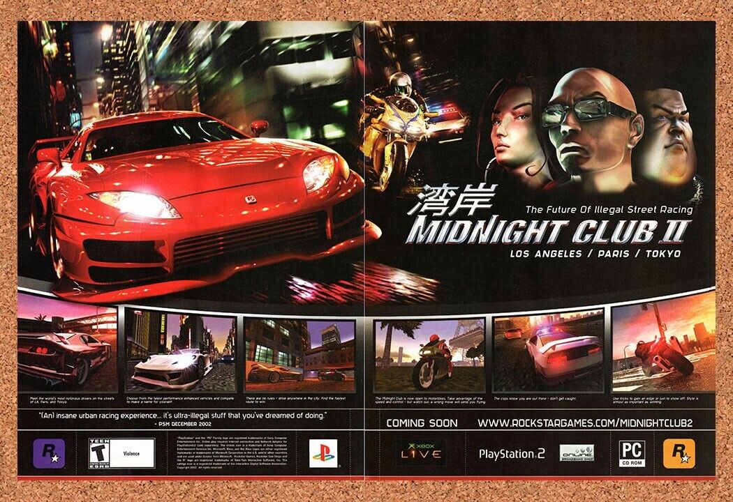 Midnight Club II PS2 Original 2002 Vintage Ad - Rockstar Video Game Promo