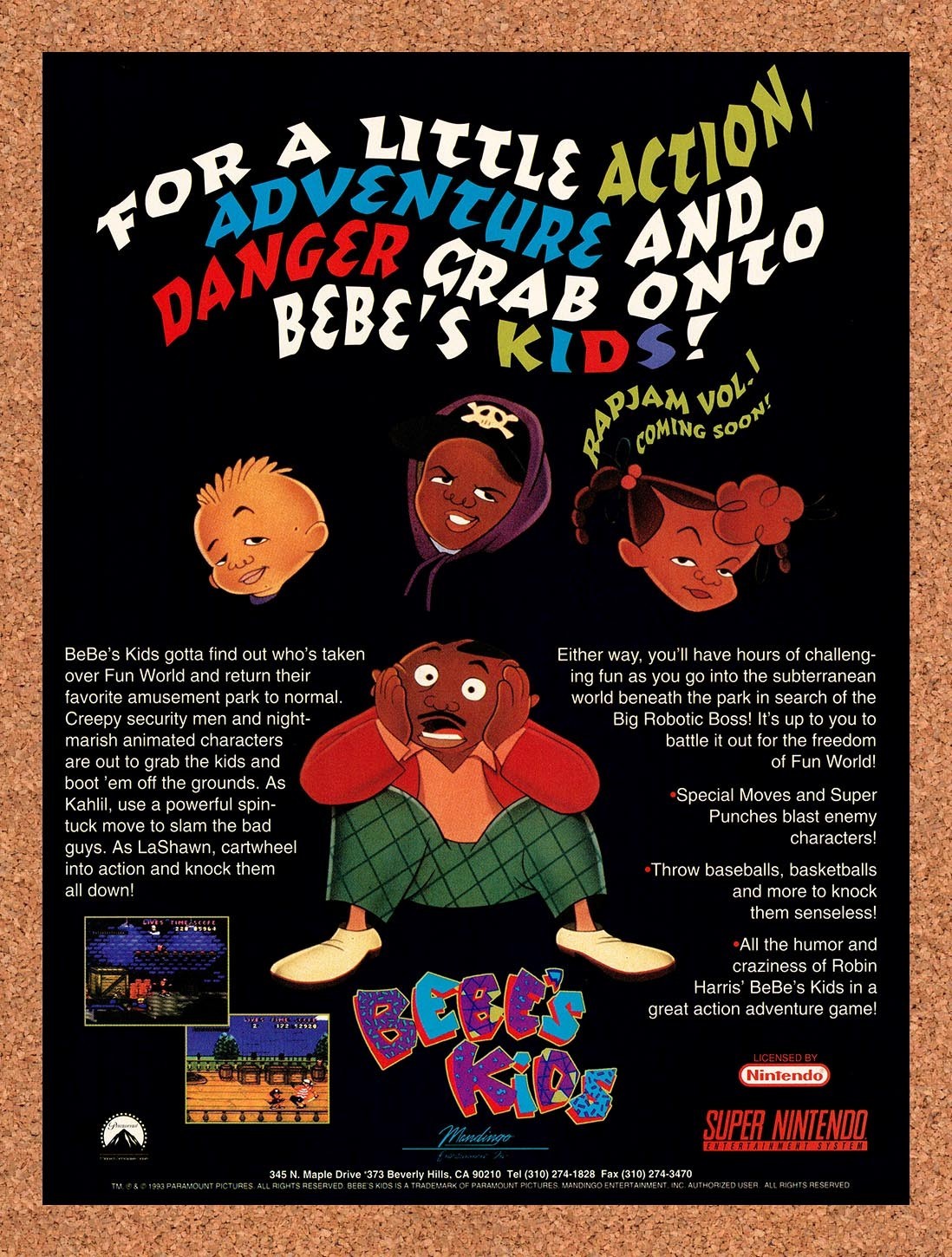 1994 Bebe's Kids SNES Original Advertisement / Retro Promo v1