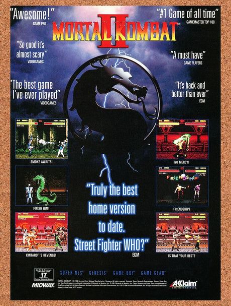 1994 Mortal Kombat II SNES Original Advertisement / Retro Wall Art v1