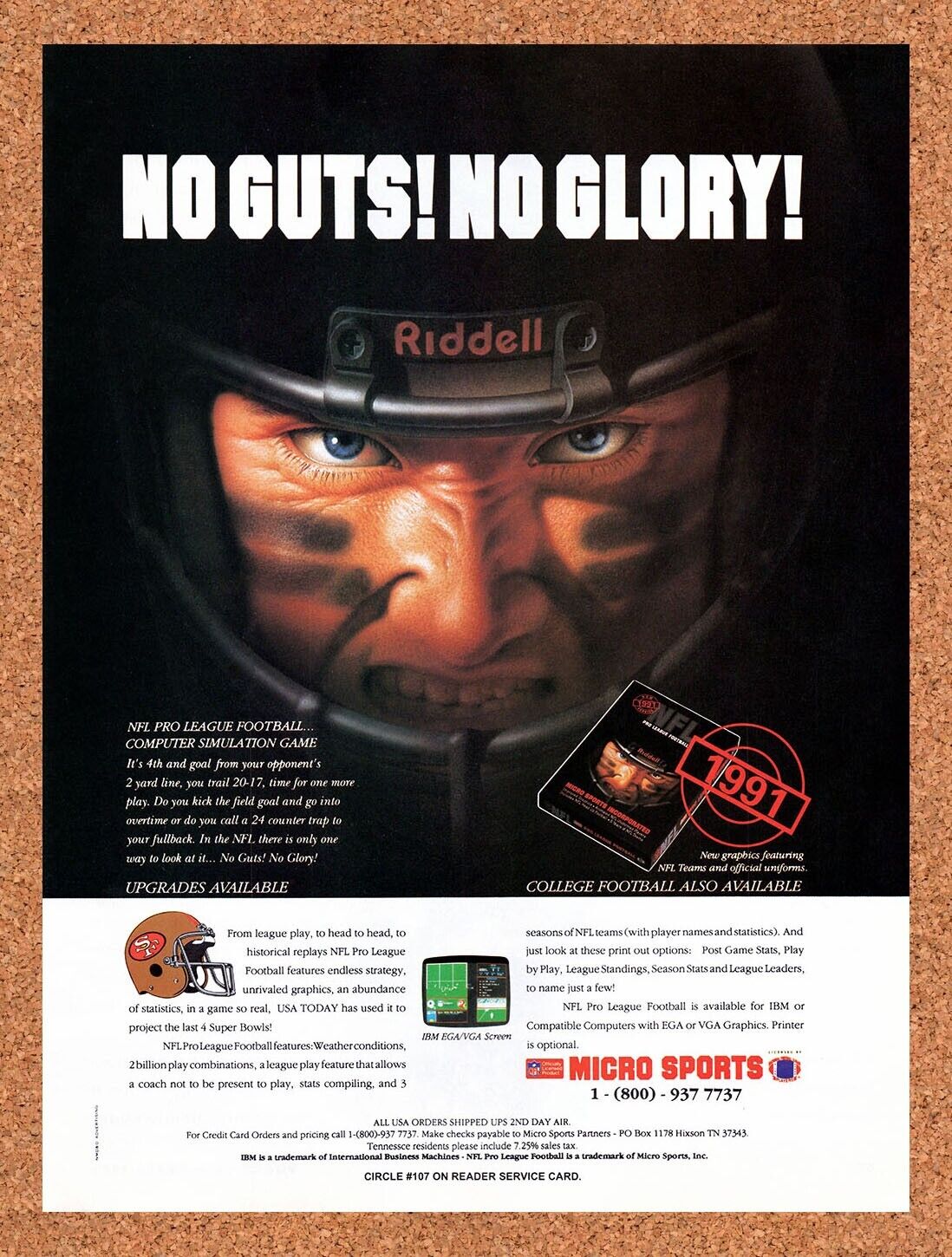 1991 NFL Pro League Football NES Original Advertisement / Retro Wall Art v1