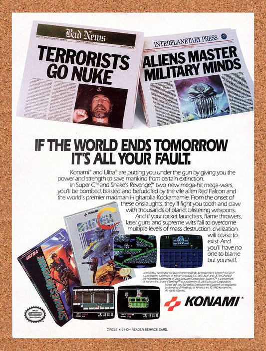 Konami NES Games Original 1989 Vintage Ad - Super C Snakes Revenge Promo
