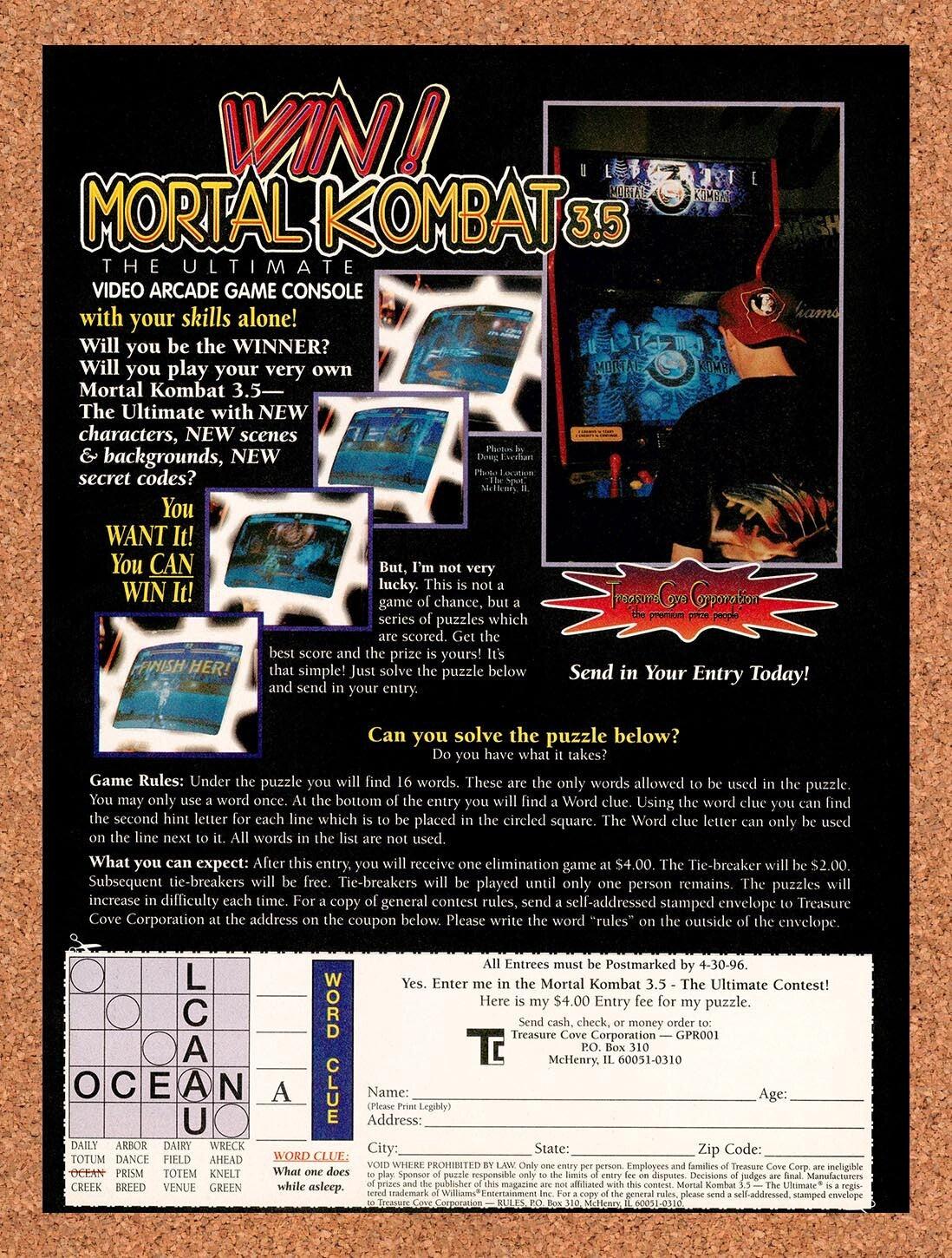 1995 Mortal Kombat 3.5 Arcade Cabinet Sweepstakes Original Ad / Retro Art v1