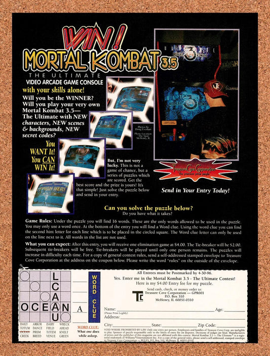 1995 Mortal Kombat 3.5 Arcade Cabinet Sweepstakes Original Ad / Retro Art v1