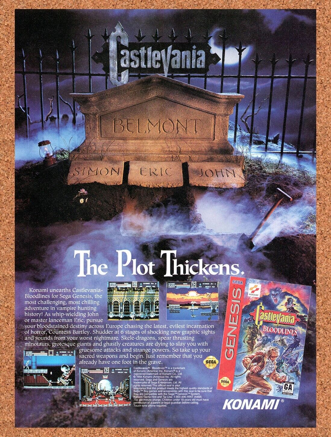 1993 Castlevania Bloodlines Genesis Original Advertisement / Retro Wall Art v3