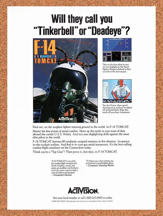 1988 F-14 Tomcat Commodore 64 Original Advertisement / Retro Wall Art v2