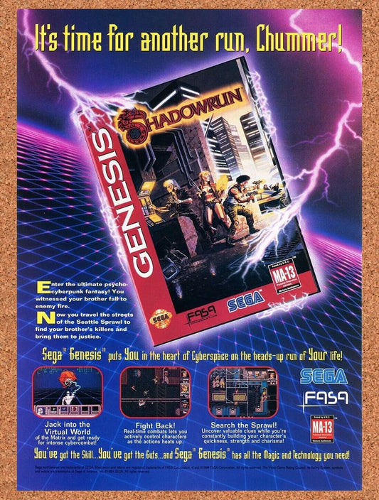 Shadowrun Genesis Original 1993 Ad Authentic Sega Retro Video Game Promo Art