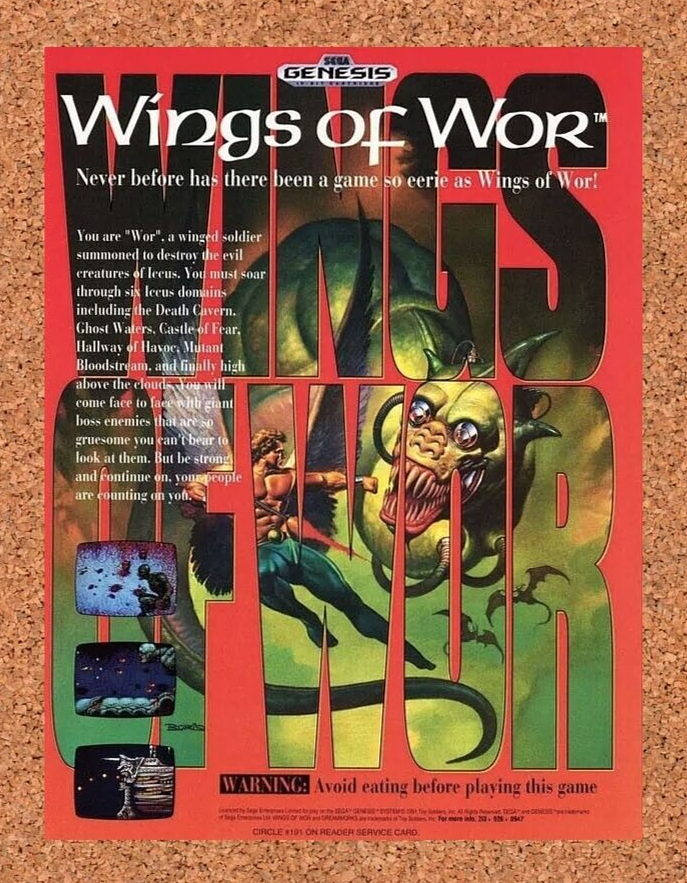 Wings of Wor Genesis Original 1992 Ad Authentic Sega Schmup Video Game Promo