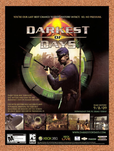 2009 Darkest Of Days Xbox 360 Original Advertisement / Retro Wall Art v1