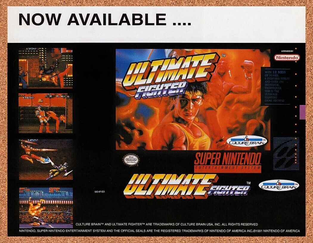 1993 Ultimate Fighter SNES Original Advertisement / Retro Wall Art v2