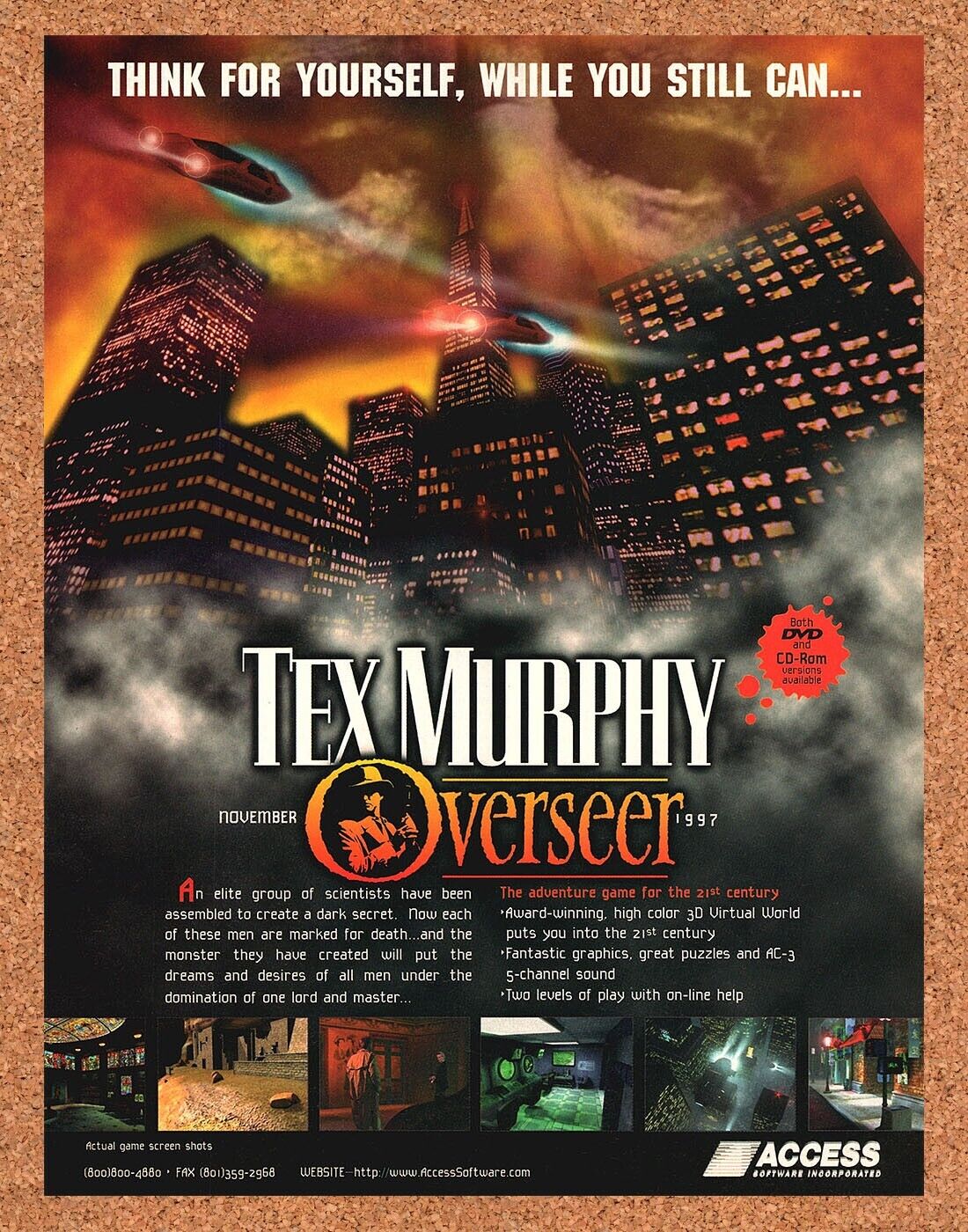 Tex Murphy Overseer PC Original 1999 Print Ad Authentic Video Game Art Promo