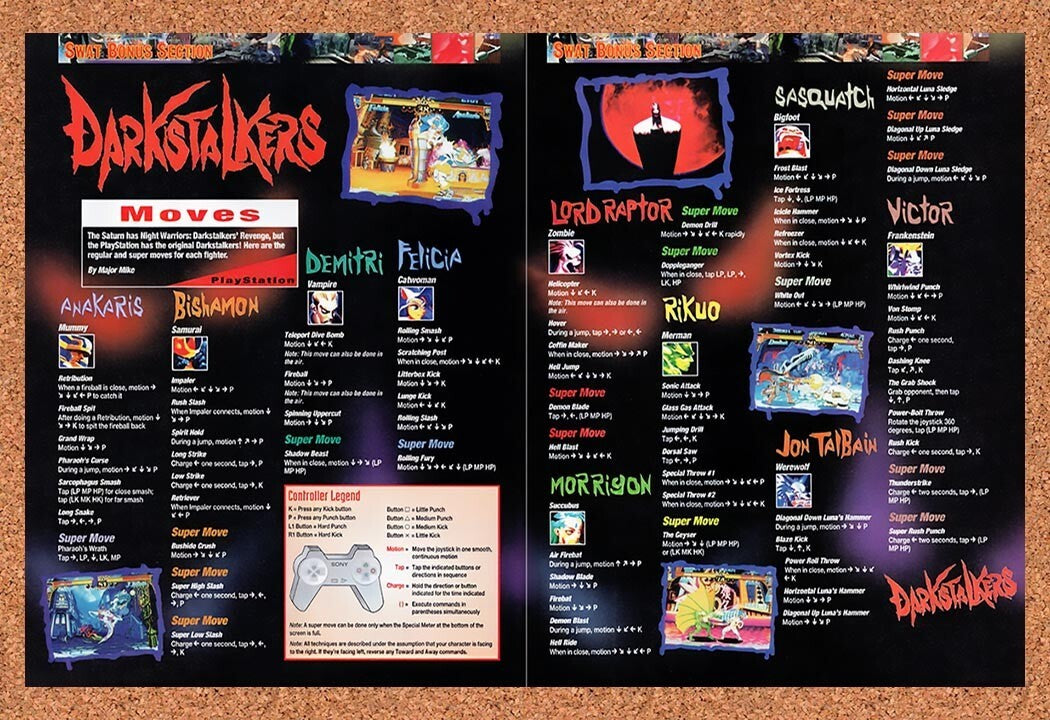 1996 Darkstalkers PS1 Moves Breakdown Original Advertisement / Retro Wall Art v3