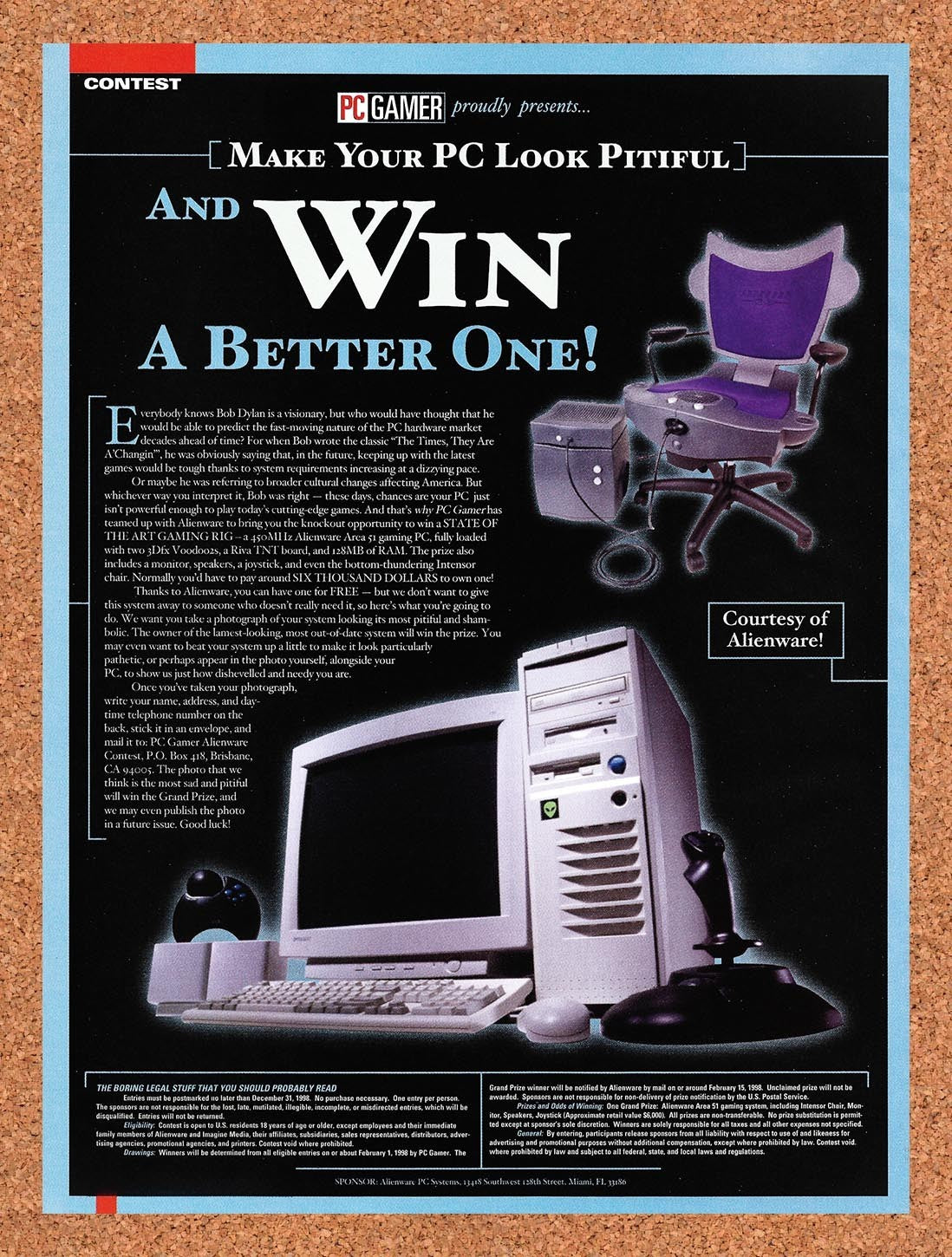 1998 Alienware PC Gamer Sweepstakes Make Your PC Pitiful Original Ad / Promo v1