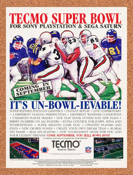 1996 Tecmo Super Bowl PS1 Original Advertisement / Retro Wall Art v1