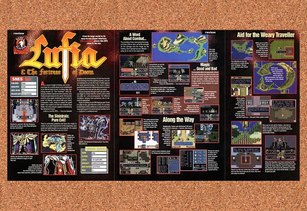 1993 Lufia Fortress Of Doom SNES Original 3-Part Advertisement / Retro Wall Art