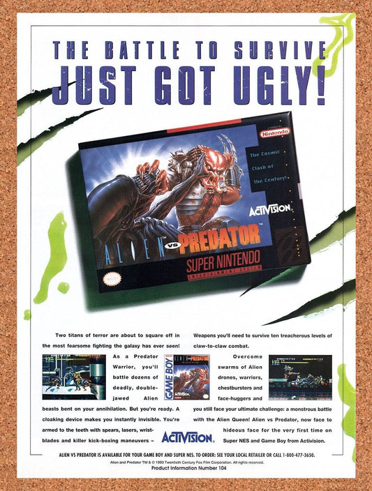 1992 Alien Vs Predator SNES Original Advertisement / Retro Wall Art v7