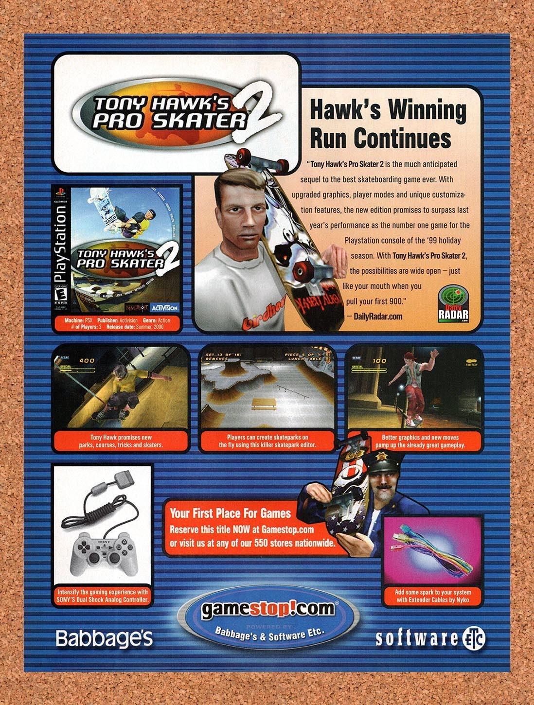 2000 Tony Hawk's Pro Skater 2 GameStop Original Advertisement / Retro Promo v6