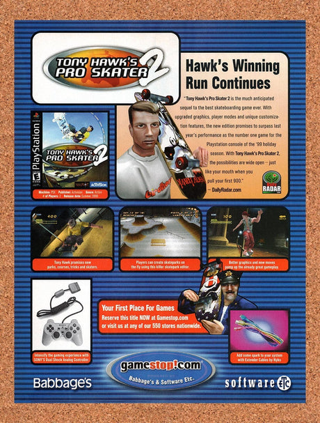 2000 Tony Hawk's Pro Skater 2 GameStop Original Advertisement / Retro Promo v6