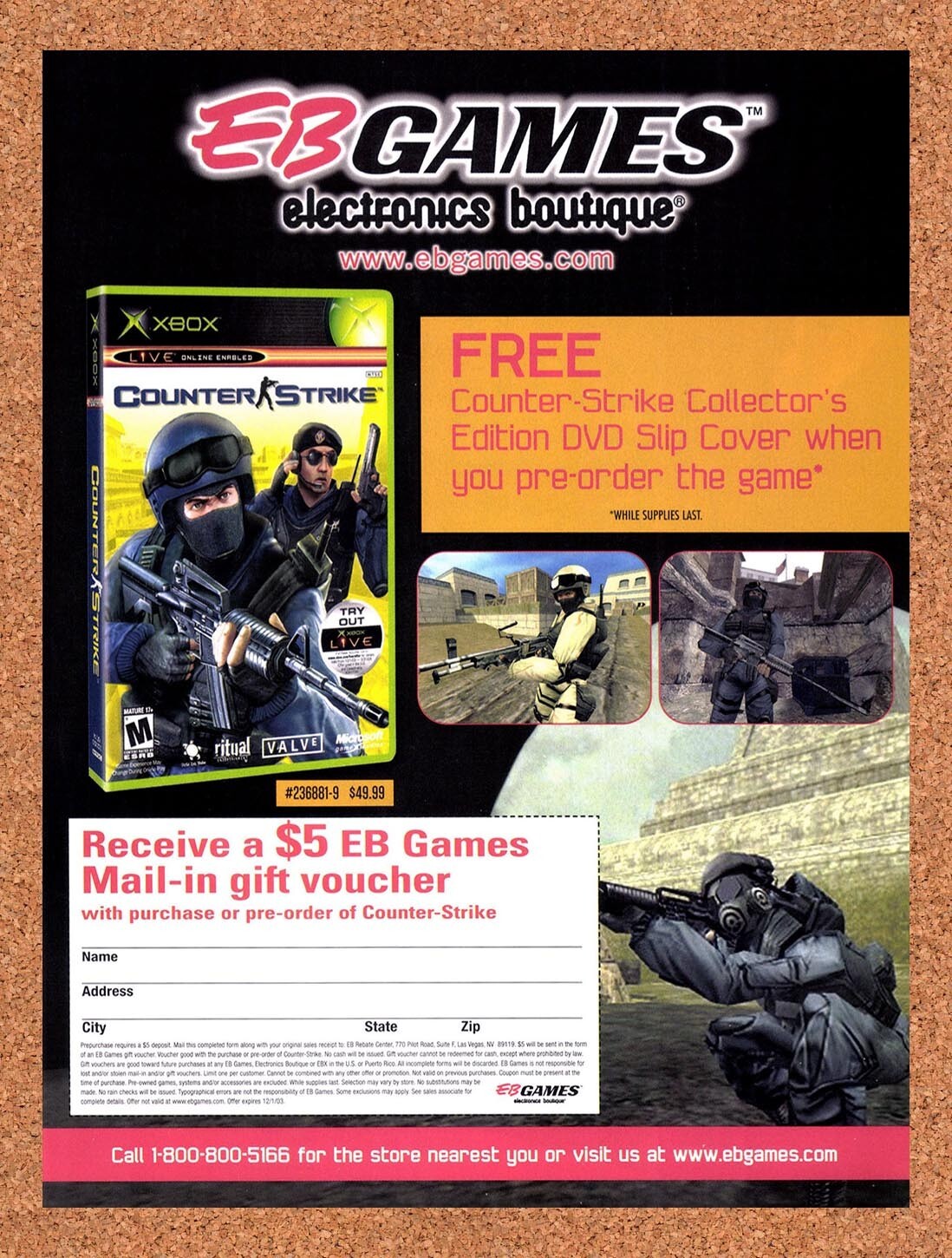 2003 Counter-Strike Xbox EB Games Original Advertisement / Retro Wall Art v4