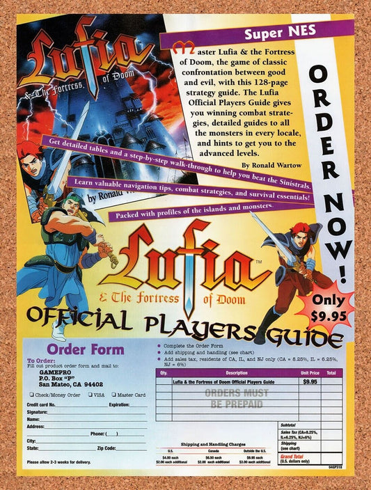 1994 Lufia Fortress Of Doom SNES Players Guide Original Ad / Retro Wall Art v5
