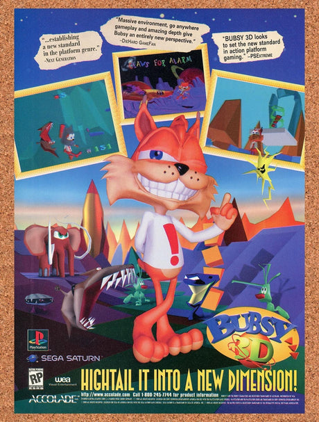 1996 Bubsy 3D PS1 Hightail It Into A New Dimension Ad Original Ad / Promo v1