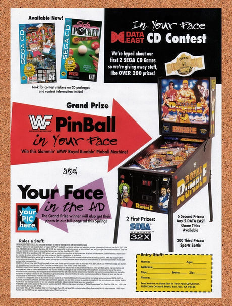 1995 WWF Royal Rumble Pinball Sweepstakes Original Ad / Retro Wall Art v7
