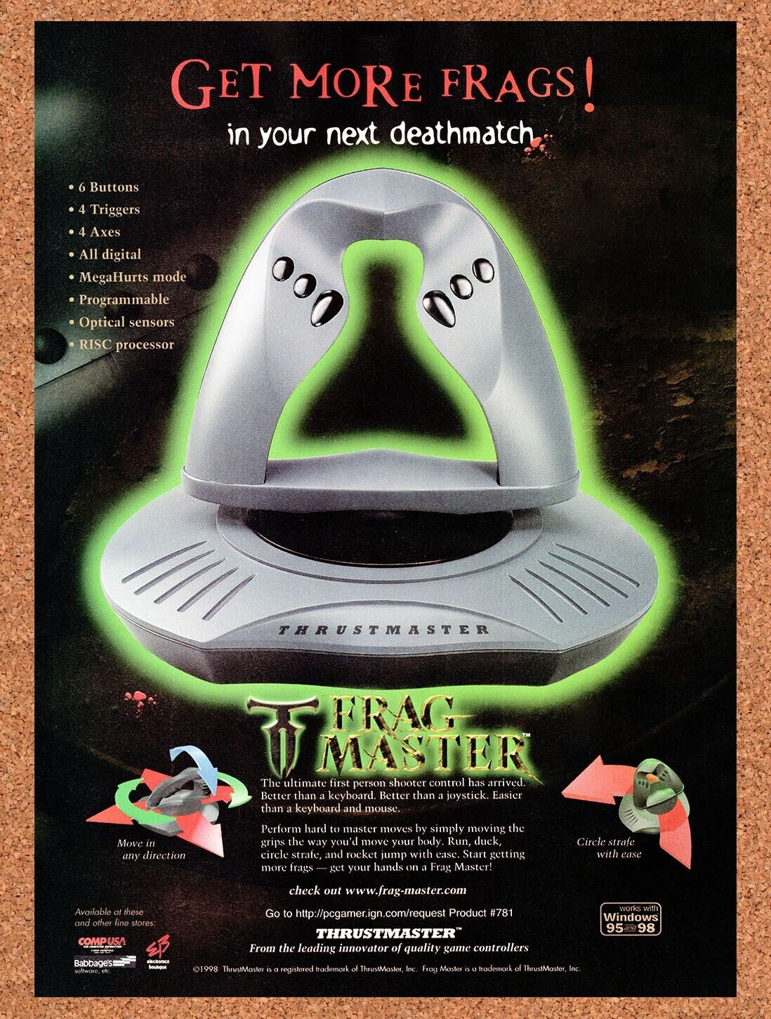 1998 Thrustmaster Frag Master Gaming Mouse Original Ad / Retro Wall Art v4