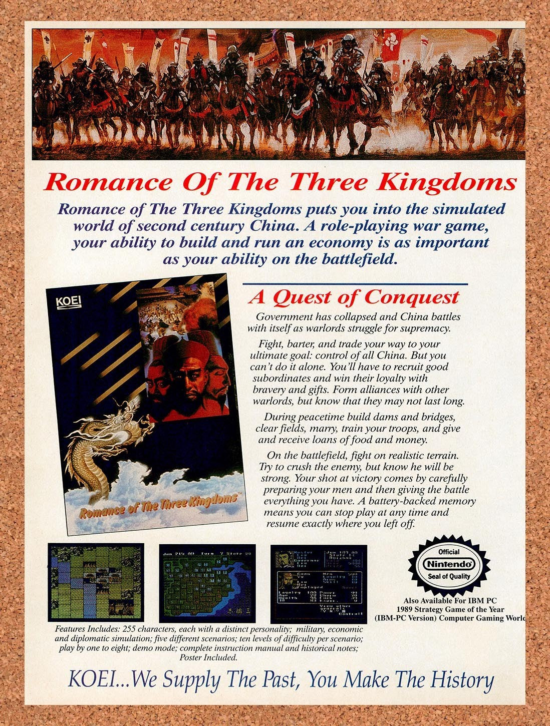 1989 Romance Of The Three Kingdoms NES Original Advertisement / Retro Promo v1