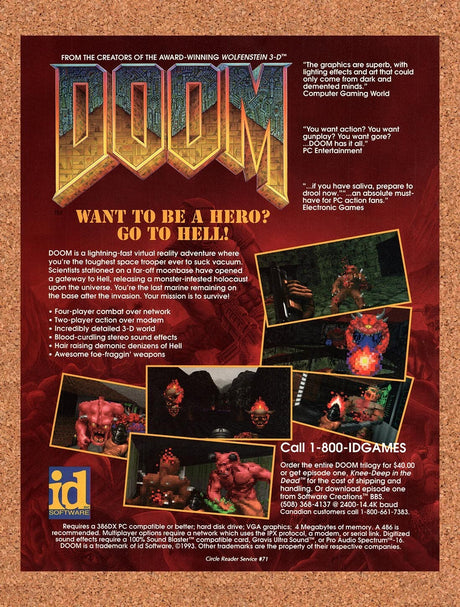 1994 Doom PC Original Advertisement / Retro Wall Art v10