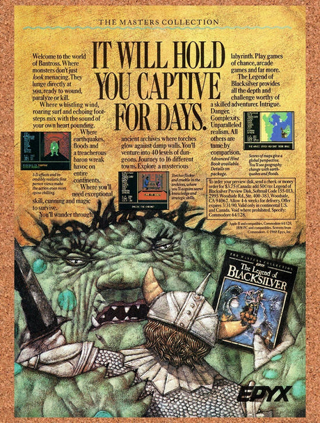 1989 Legend Of Blacksilver Commodore 64 Original Ad / Retro Wall Art v1