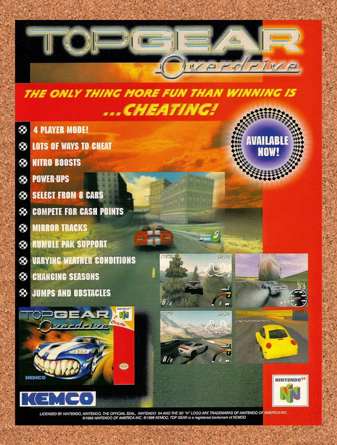 1998 Top Gear Overdrive N64 Original Advertisement / Retro Wall Art v1