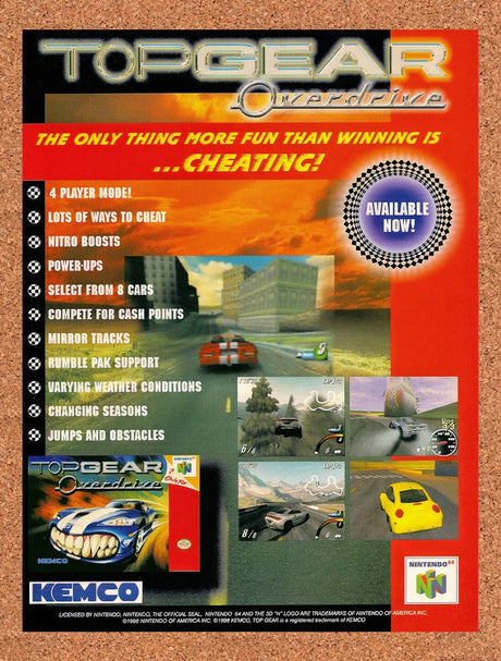 1998 Top Gear Overdrive N64 Original Advertisement / Retro Wall Art v1
