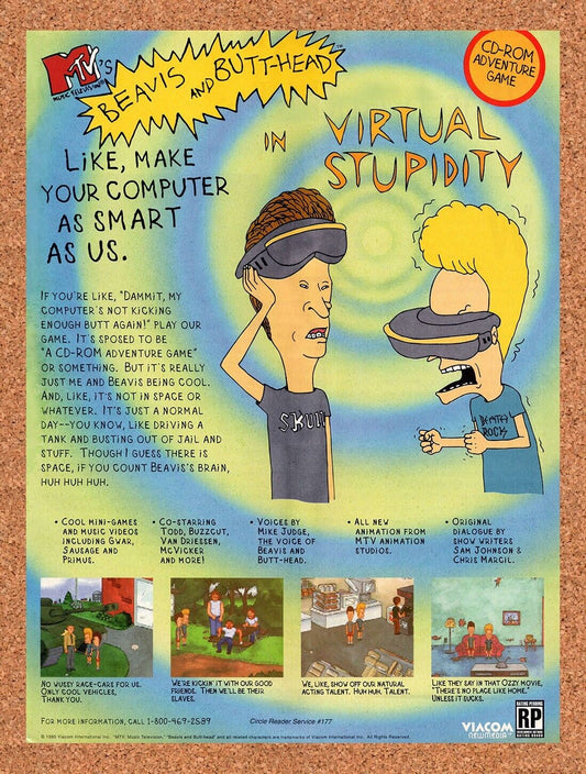 Beavis & Butthead Virtual Stupidity PC Original 1994 Vintage Ad - Game Promo