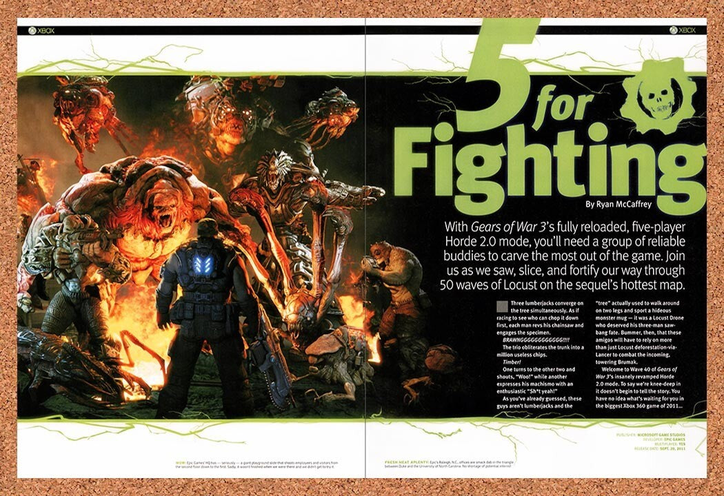 2011 Gears Of War 3 5-Player Horde 2.0 Mode Original Ad / Retro Wall Art v7