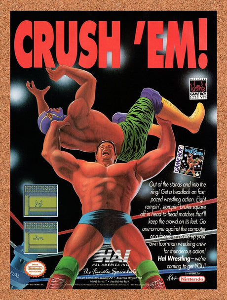 1991 Hal Wrestling Game Boy Original Advertisement / Retro Wall Art v1
