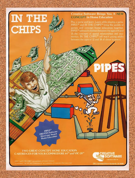 1983 Creative Software Pipes Commodore 64 Games Original Ad / Retro Wall Art v1