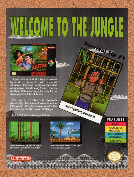 1993 Lester The Unlikely SNES Survival Tip #1 Original Ad / Retro Wall Art v2