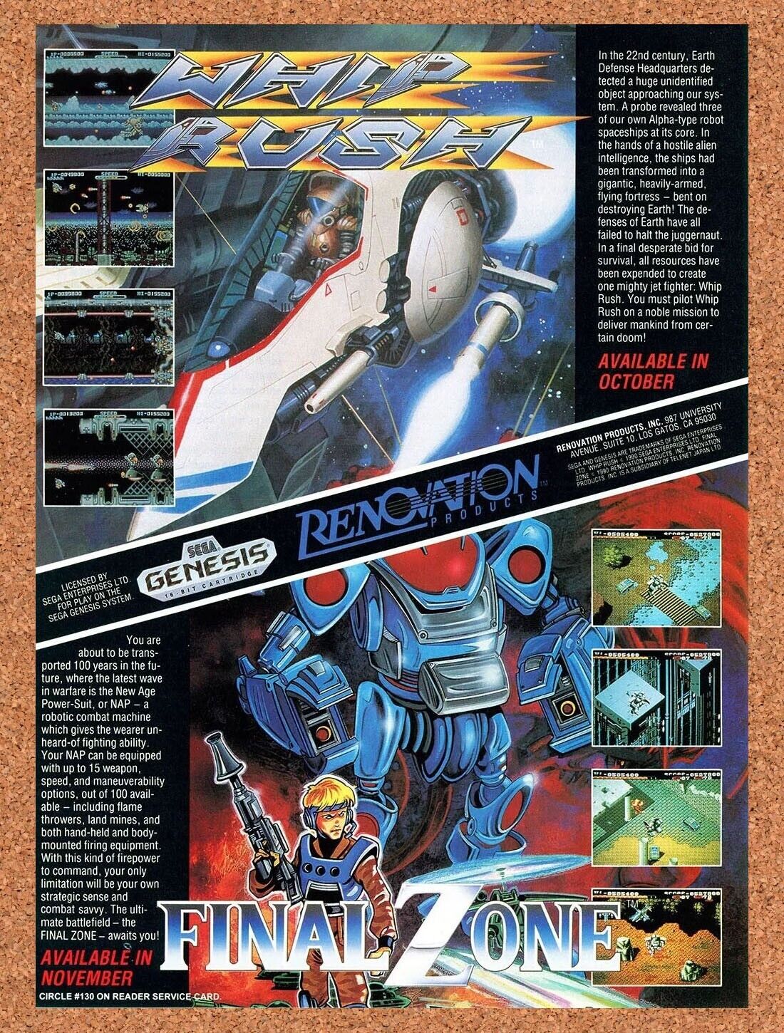Final Zone Sega Genesis Original 1992 Ad Authentic Video Game Promo
