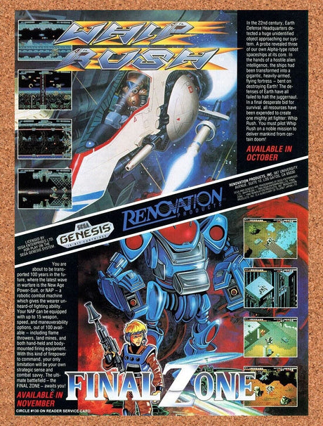 Final Zone Sega Genesis Original 1992 Ad Authentic Video Game Promo