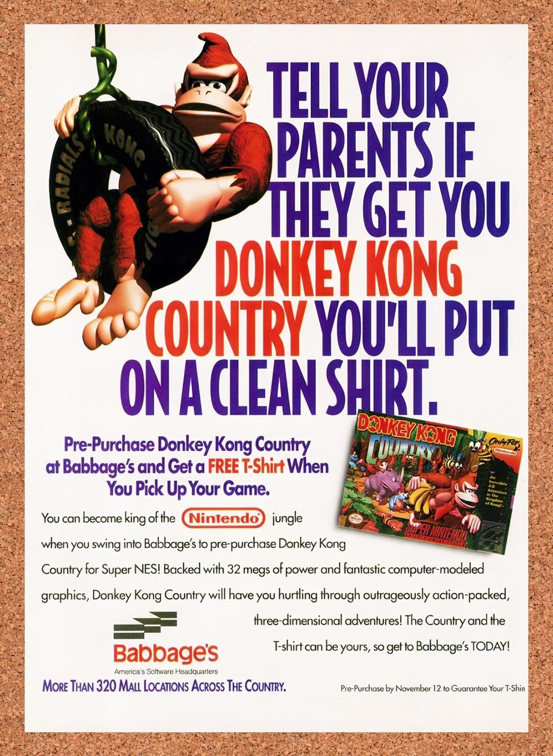 1994 Donkey Kong Country Free T-Shirt Original Advertisement / Retro Promo v2