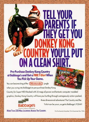 1994 Donkey Kong Country Free T-Shirt Original Advertisement / Retro Promo v2