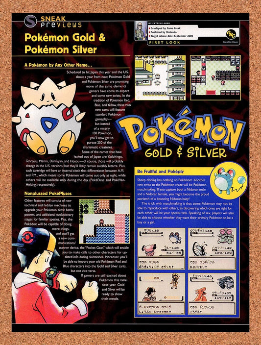 1998 Pokemon Gold & Silver GBC Original Advertisement / Retro Wall Art v1