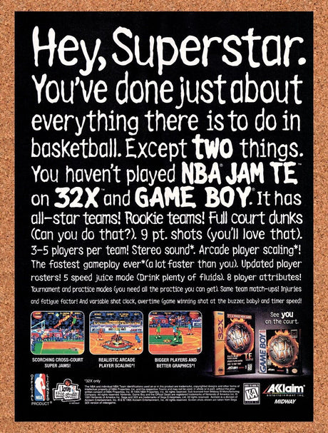 1995 NBA Jam TE Sega 32x Original Advertisement / Retro Wall Art v3