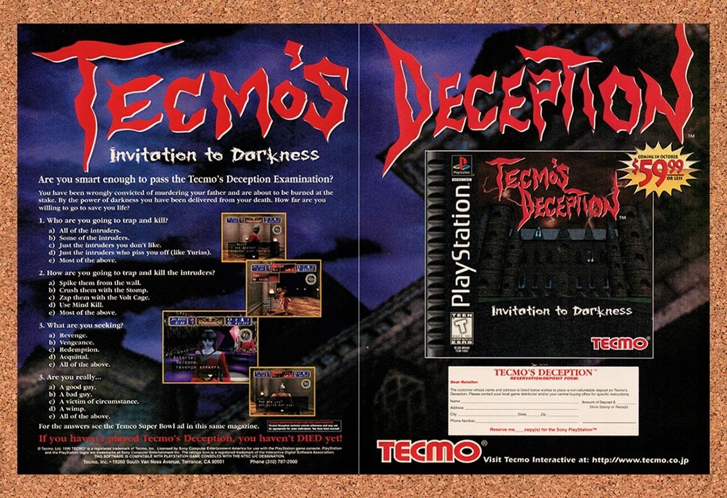 1997 Tecmo's Deception Invitation To Darkness PS1 Original Ad / Promo v2