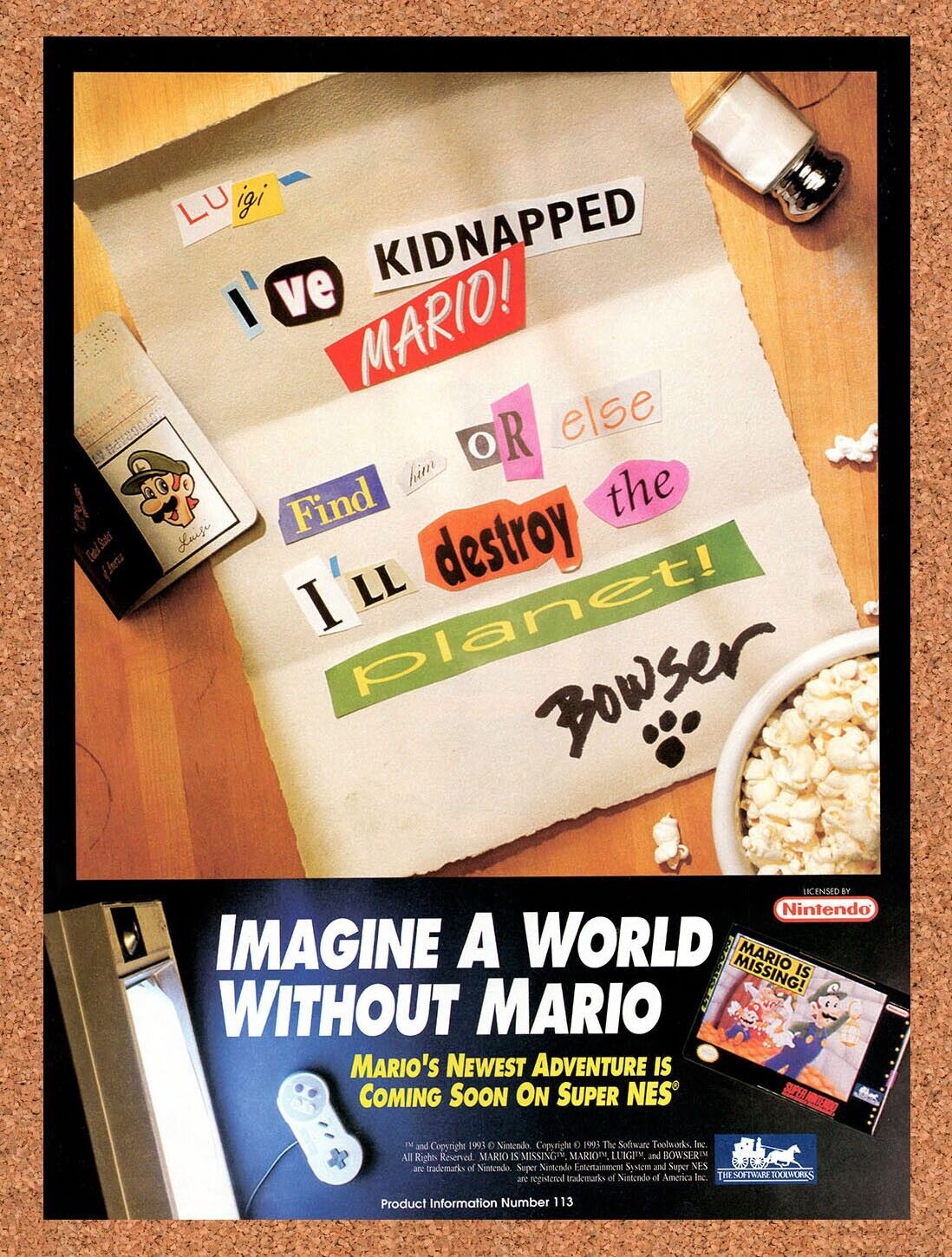 1992 Mario Is Missing SNES Original Advertisement / Retro Wall Art v3