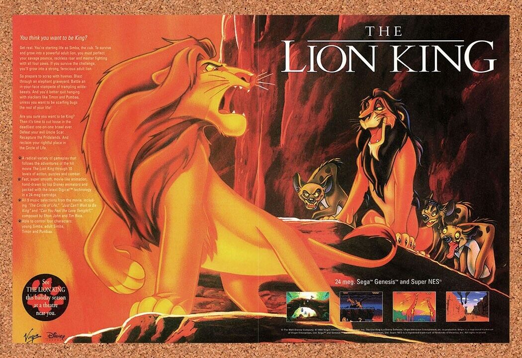 Lion King SNES Original 1993 Print Ad Authentic Disney Video Game Art Promo